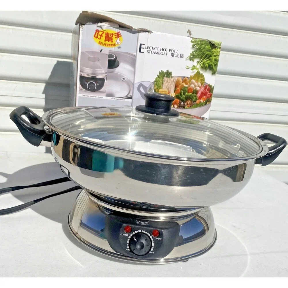 Electric Hot Pot Steamboat Stainless Steel w/Glass Lid 30 cm,  By Helperware